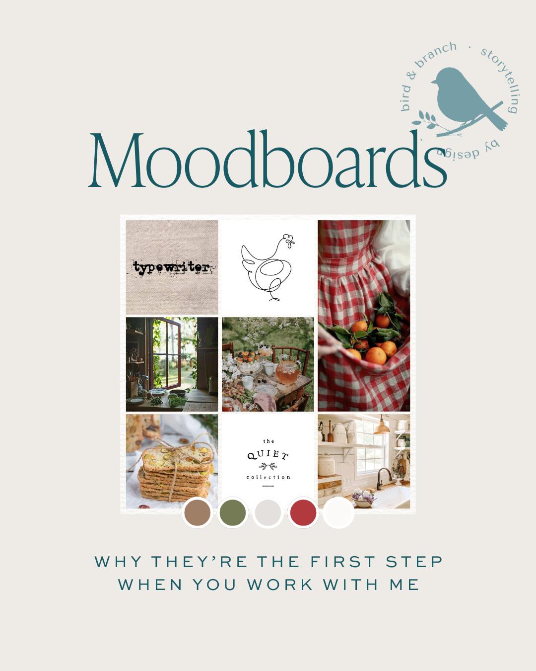 Every strong brand starts with a clear direction. And for me, that begins with moodboards. 

It’s not just an excuse to scroll Pinterest (though I won’t lie - that’s a fun bonus), it’s because moodboards help shape the visual foundation of your brand.

They’re a vibe check. Where abstract ideas- the words you use to describe your business, the feelings you want your clients to have, the story behind what you do [everything we discover in our initial chats and questionnaires] form a visual compass - a way to check that you and I are on the same page and that the look and feel we’re building truly aligns with your brand’s personality and goals. 

When we nail this step, the brand creation - the logos, colours and fonts - falls into place much faster!

It’s not just pretty pictures… it’s strategy in visual form. 

Swipe across to see some Bird & Branch moodboards compared with their final brands.